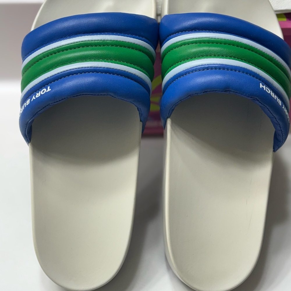 Tory Burch Blue and Green Striped Slides - Picture 9 of 11